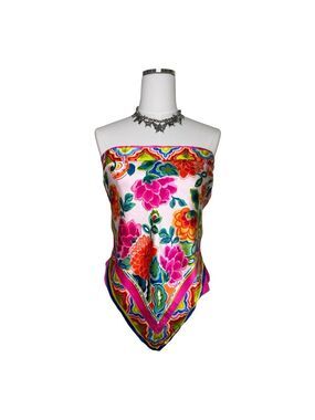 Y2K Cache Multicolor Floral Strapless Silk Bandana Tube Top Pink + Orange Size L